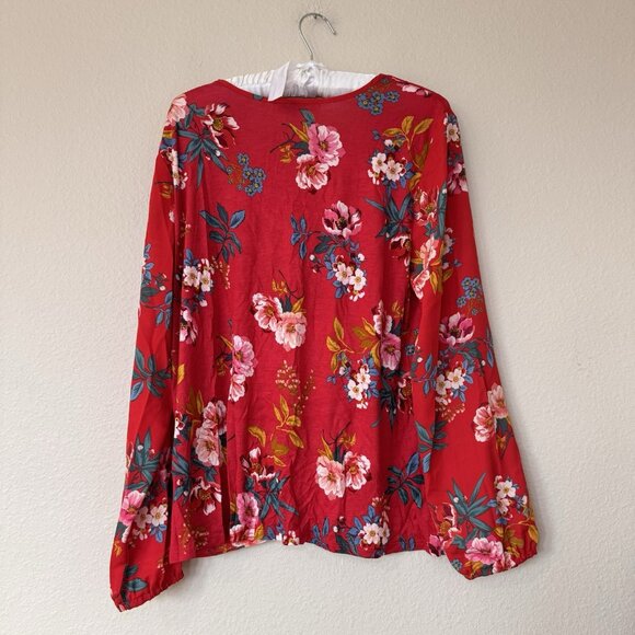ANN TAYLOR LOFT 3/4 Sleeve Rayon V Neck Top Blouse Red Pink Green Medium - Picture 8 of 9